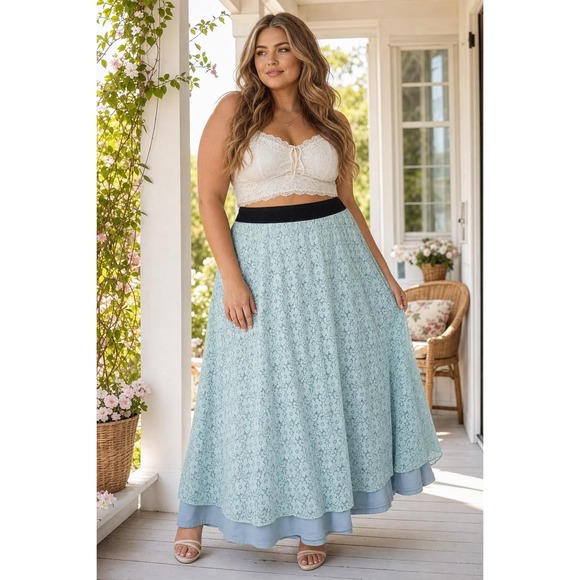 LuLaRoe Dresses & Skirts - Lularoe Floral Maxi Skirt Women's 2XL Blue Lace Layered Cottagecore Coquette